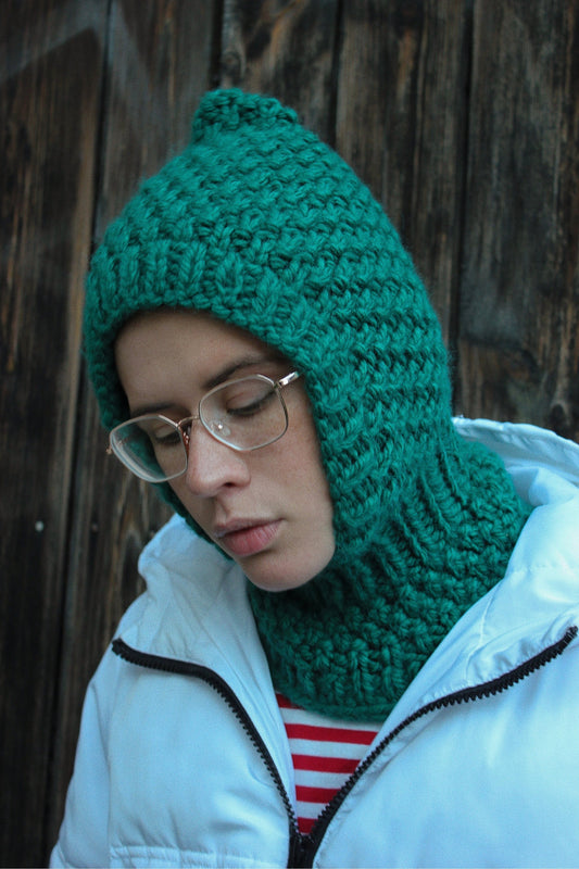 Balaclava Woolen hat in emerald green,mango socky balaclava knit beanie,knit helmet,knit hat,crochet balaclava, knitted hood