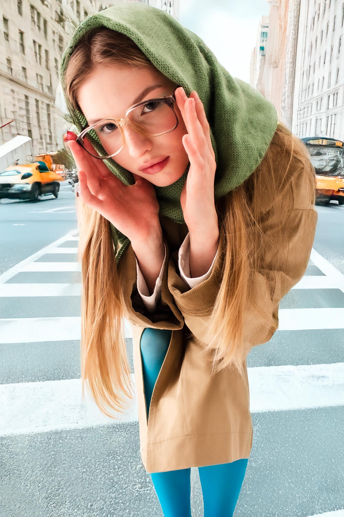 Hand - knitted Mohair Headscarf in Khaki Green