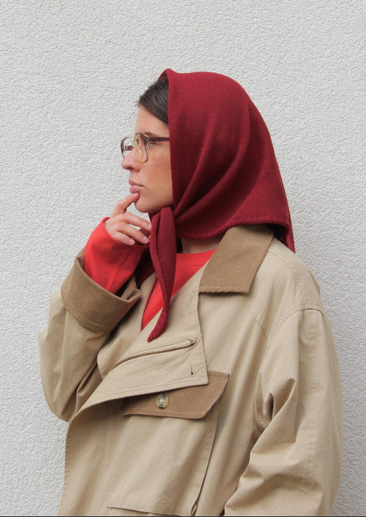 Hand - knitted Headscarf in Burgundy