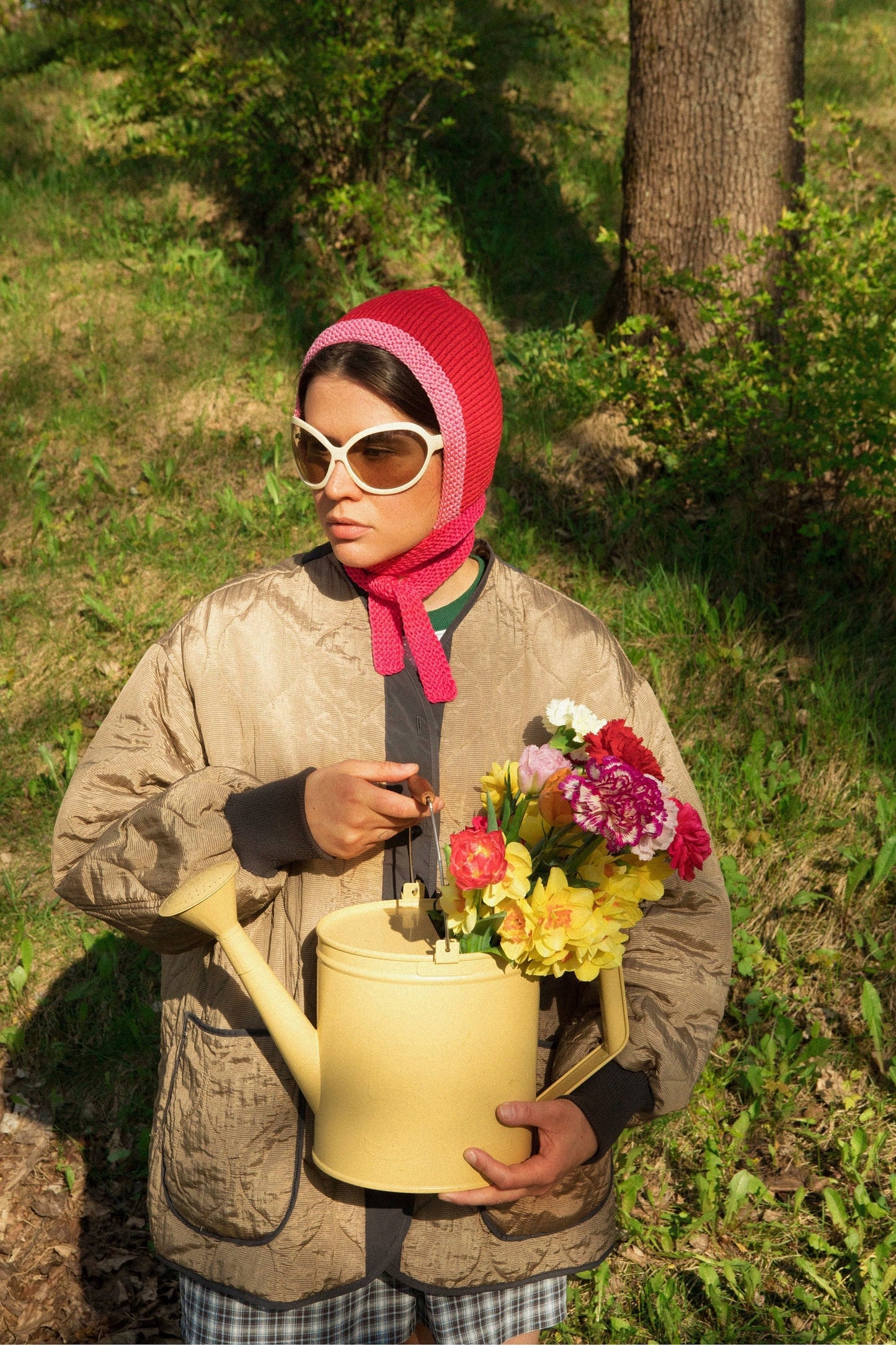 Hand - Knitted Woolen Multi Pink & Red Bow Tie Bonnet Hat