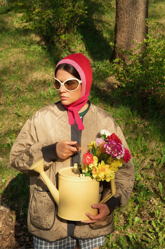 Hand - Knitted Woolen Multi Pink & Red Bow Tie Bonnet Hat