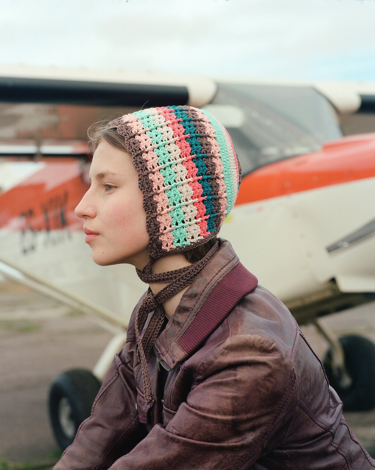 Adult Striped Multi Cotton Crochet Bow Tie Bonnet