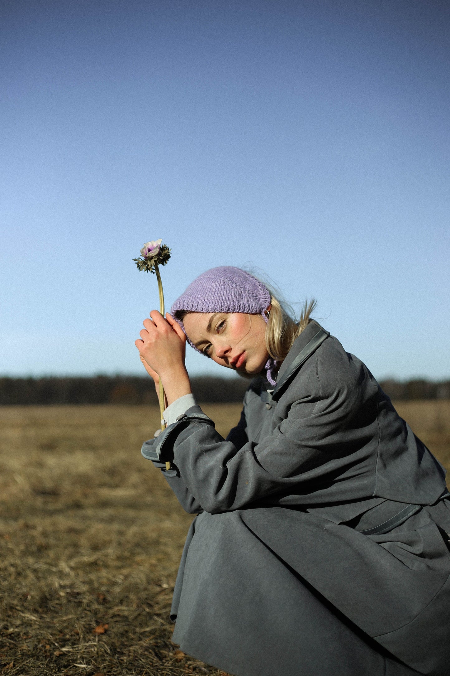 Hand - knitted Adult Bow Tie Bonnet in powder Lilac