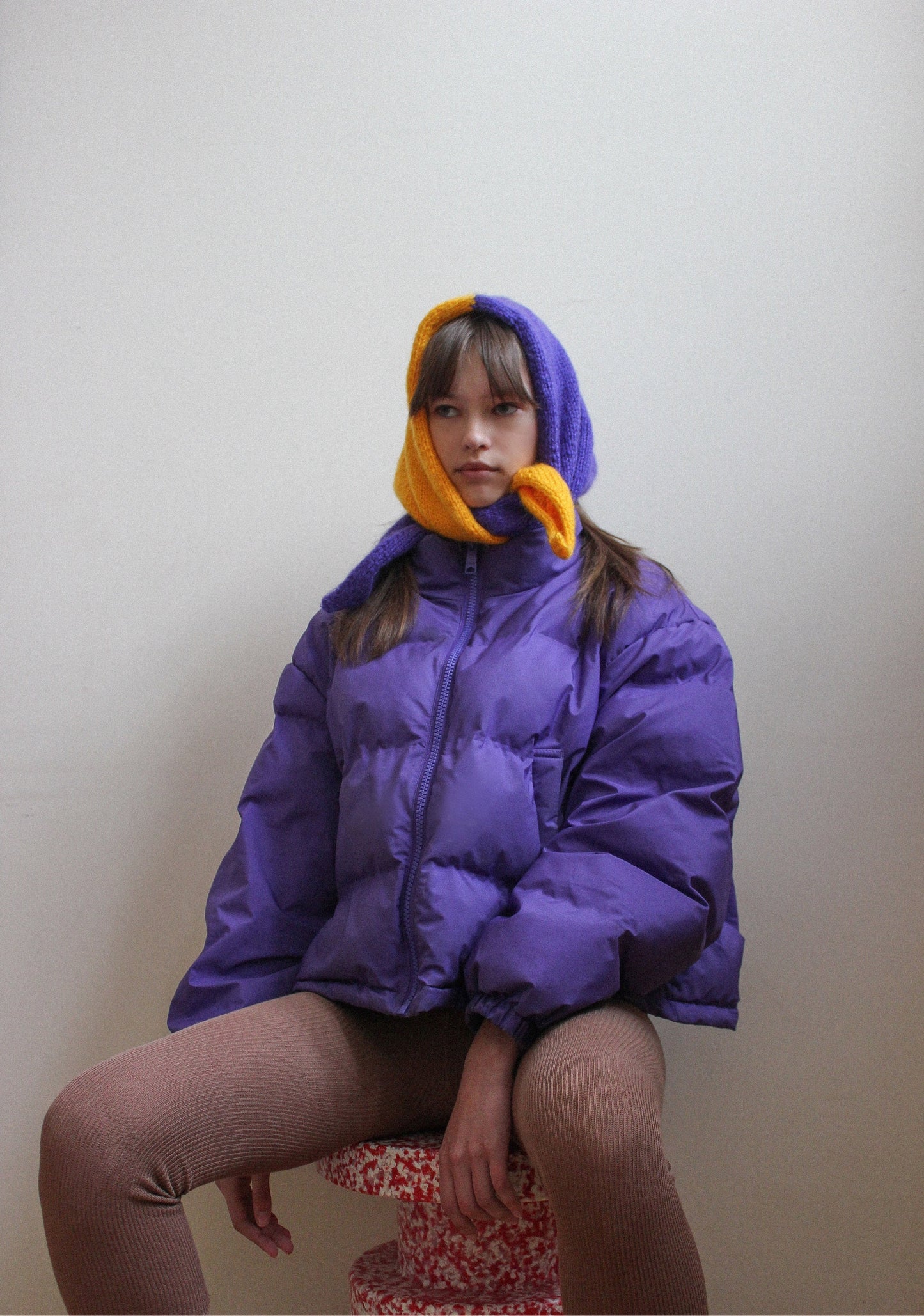 Hand - knitted Bicolour Mohair Headscarf in Rich Yellow & Purple