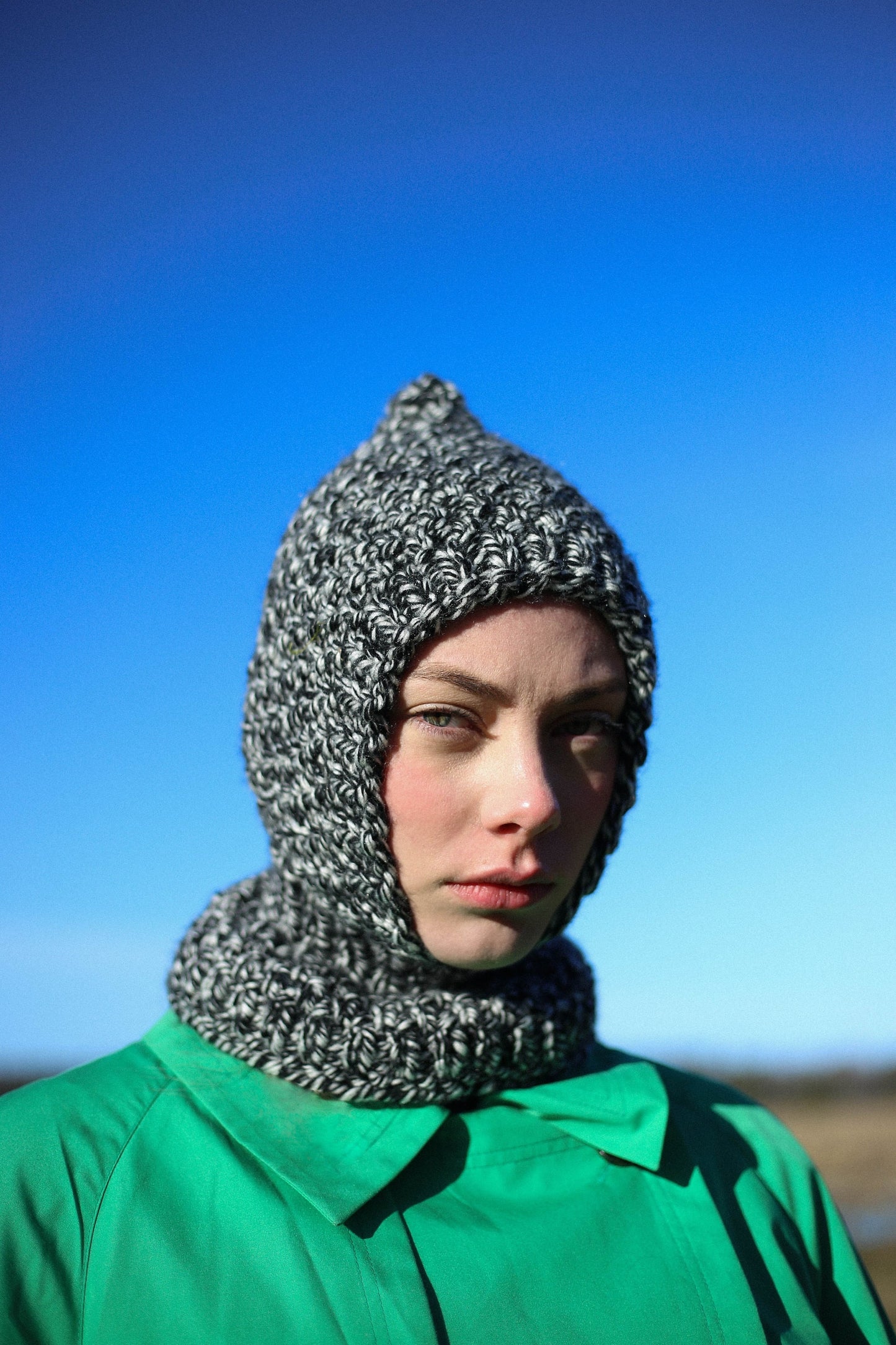 Chunky Woolen Balaclava in Black & White Melange