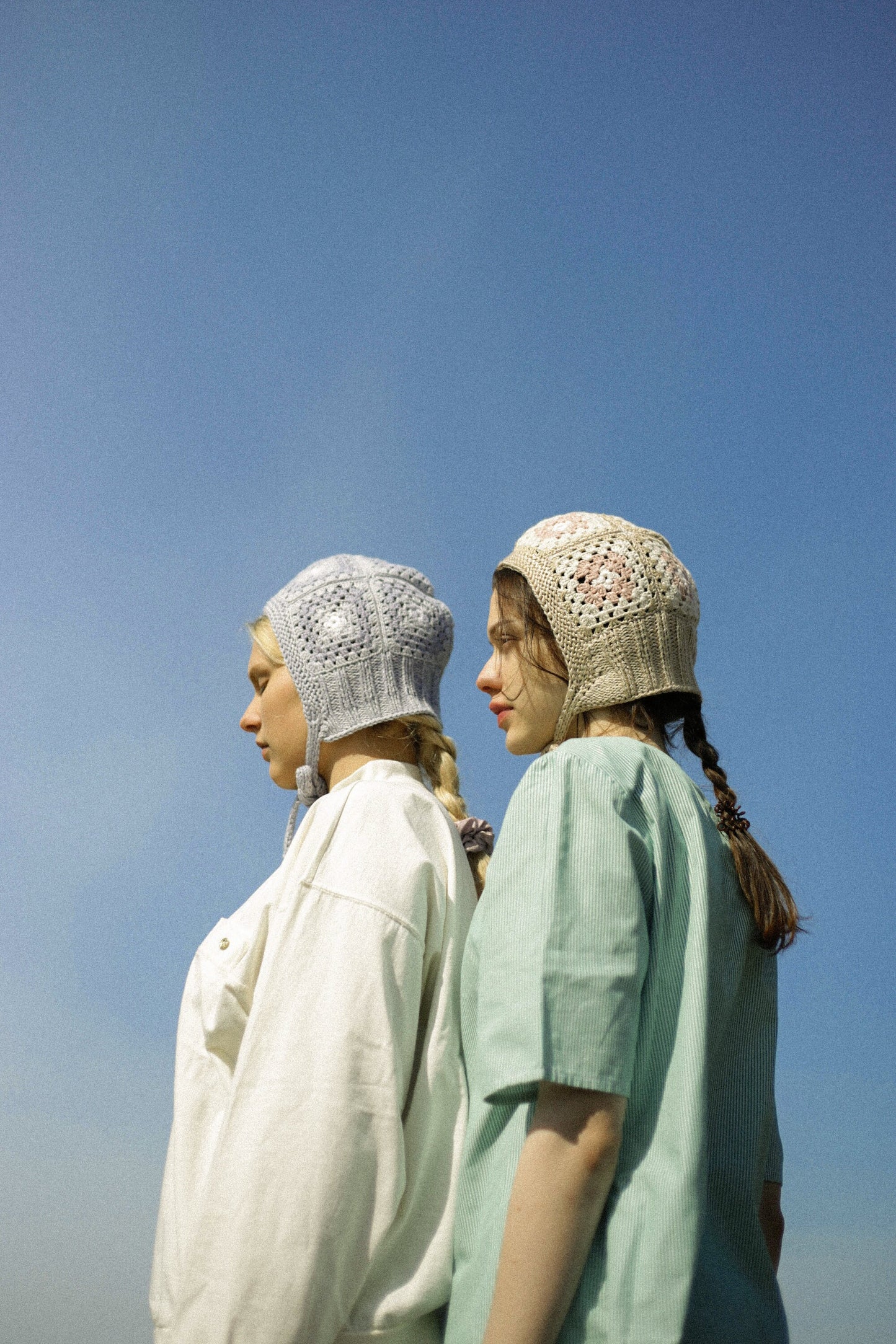 Patchwork Granny Square Adult Crochet Bow Tie Bonnet in Beige