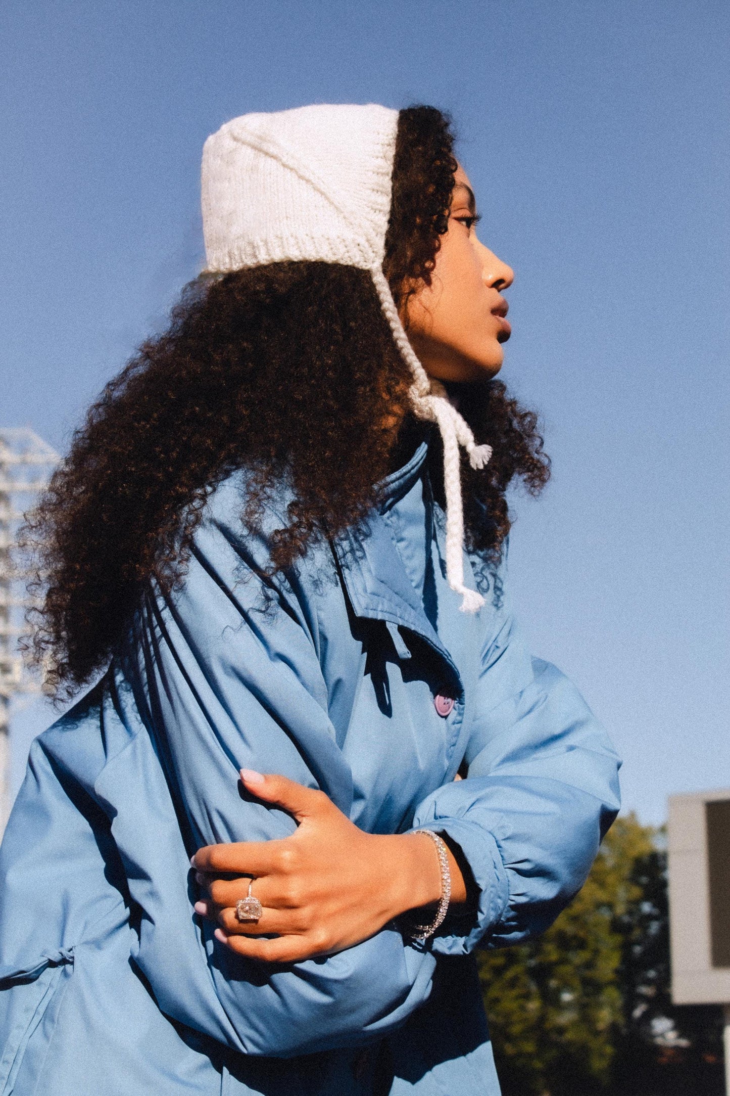 Hand - knitted Adult Bow Tie Bonnet in White