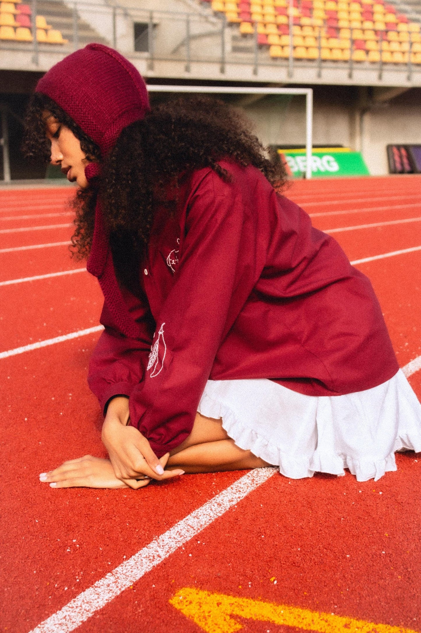 Hand - knitted Adult Bow Tie Mohair Bonnet in Burgundy