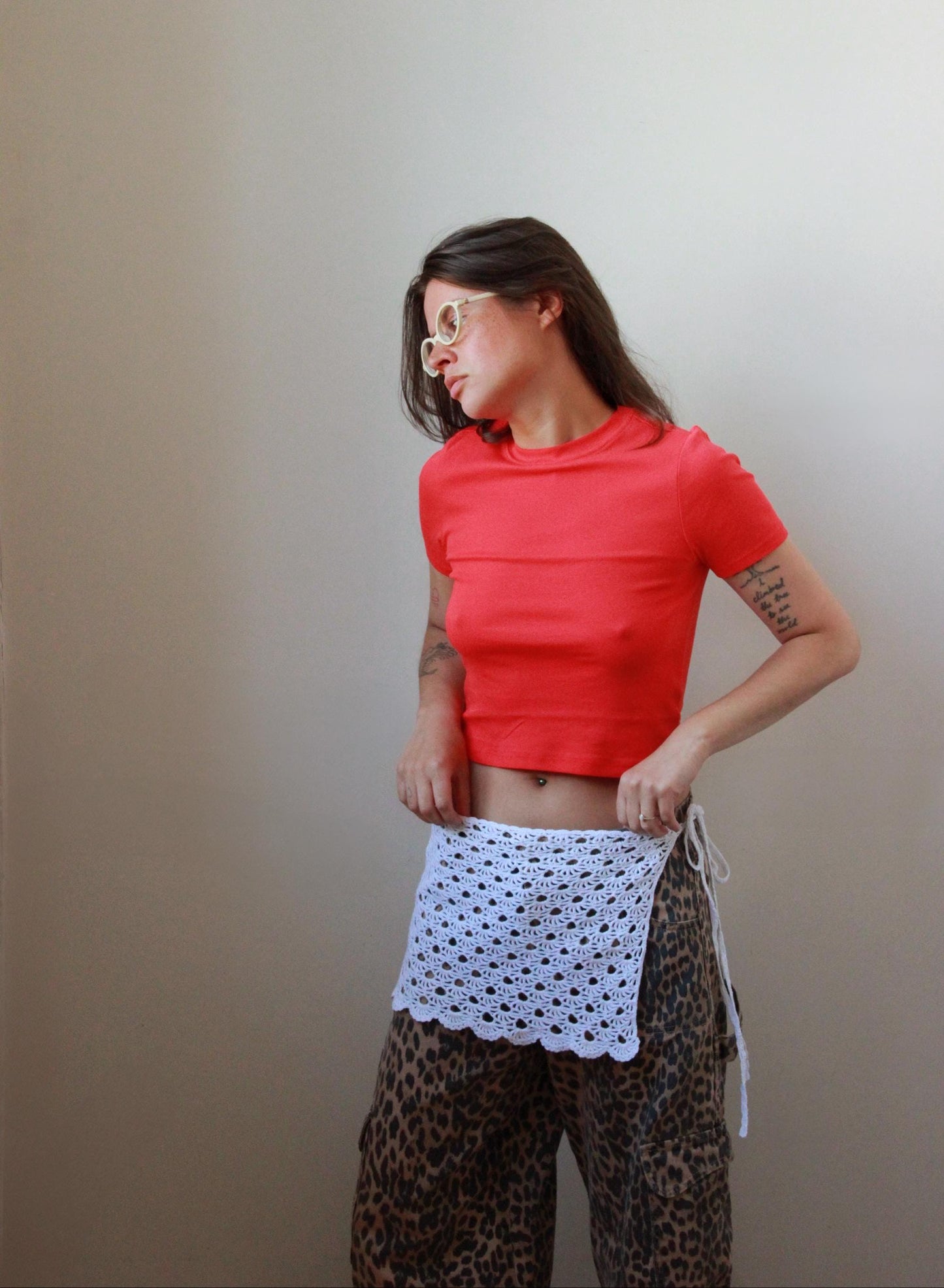 Hand - Knitted Crochet Hip Scarf in White, the knit hip wrap,knitted apron