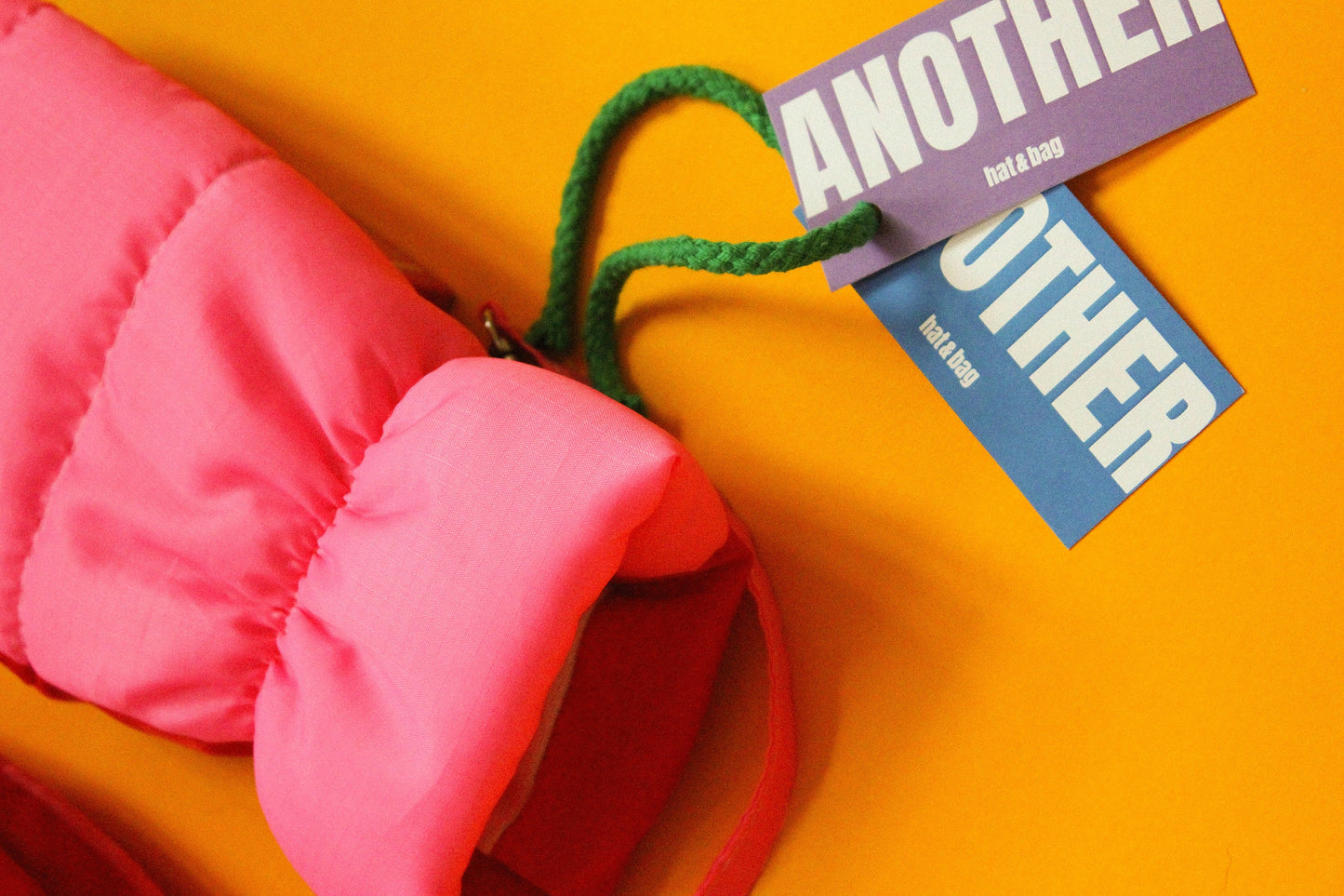 Bicolor Pillow Puffer Mittens on Strings in Hot pink & Red