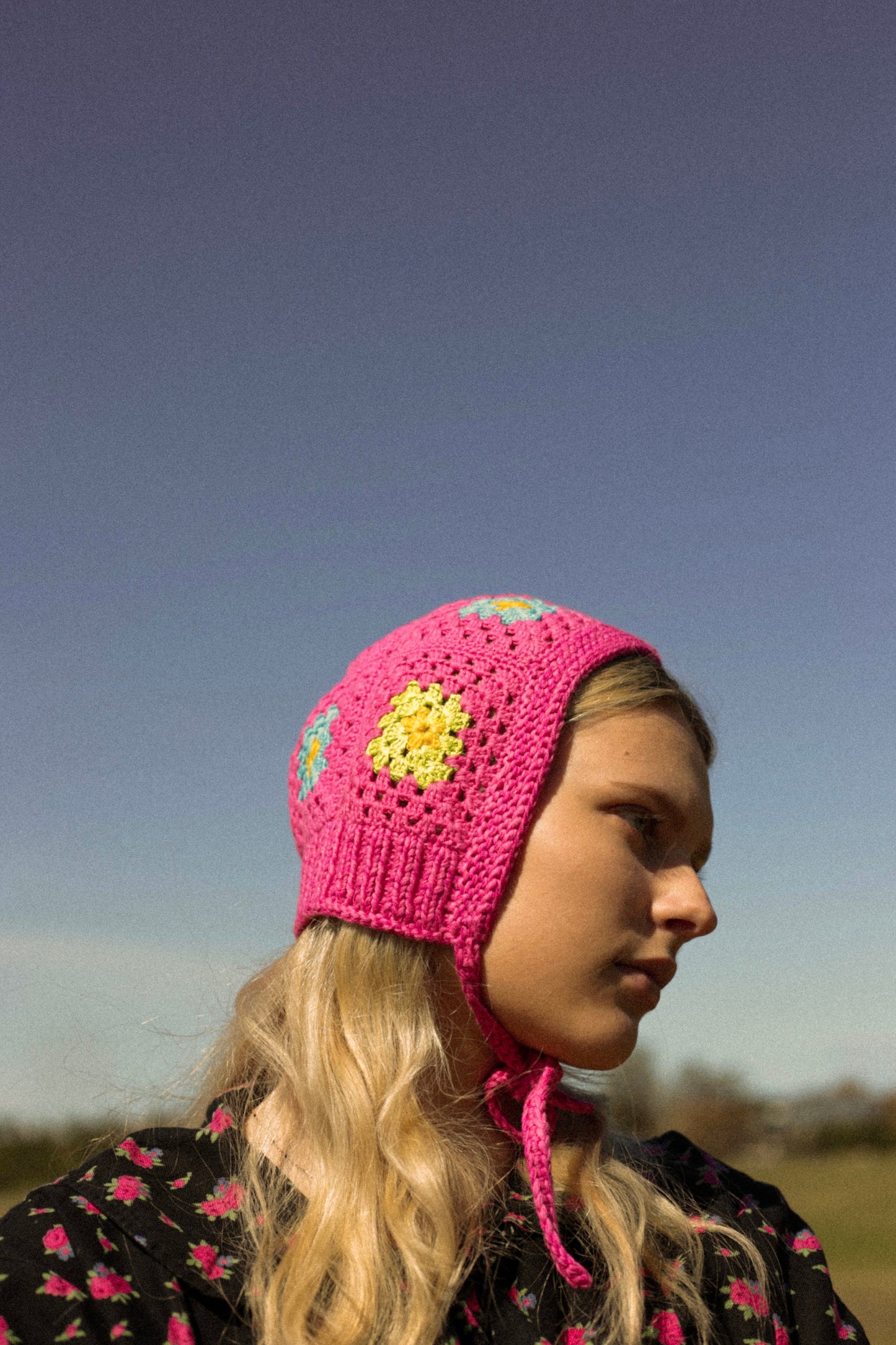 Patchwork Granny Square Adult Crochet Bow Tie Bonnet in Pink