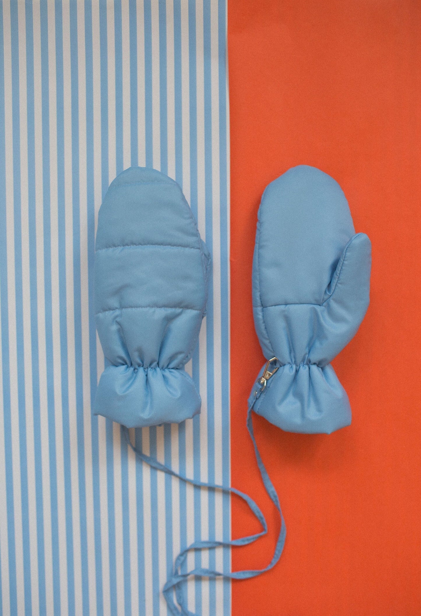 Puffer Mittens on Strings in Baby Blue
