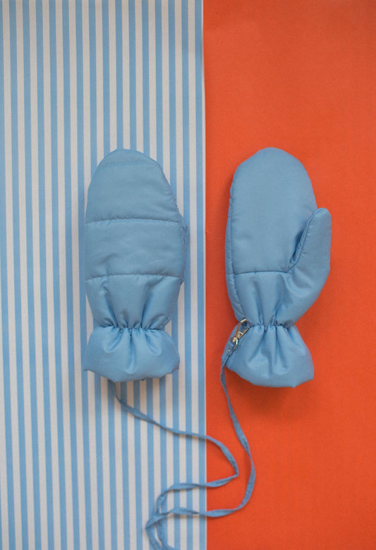Puffer Mittens on Strings in Baby Blue