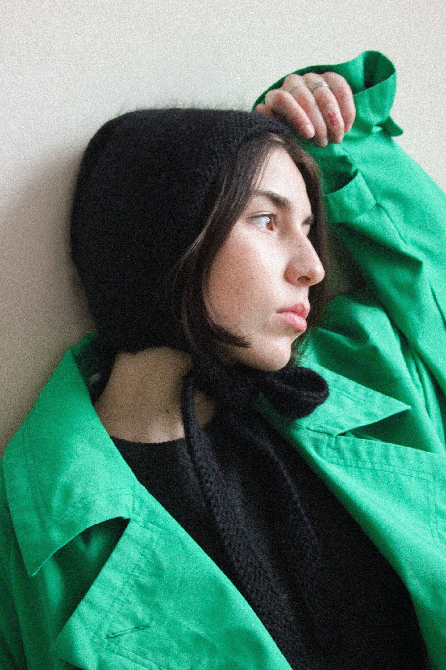 Hand - knitted Adult Bow Tie Mohair Bonnet in black