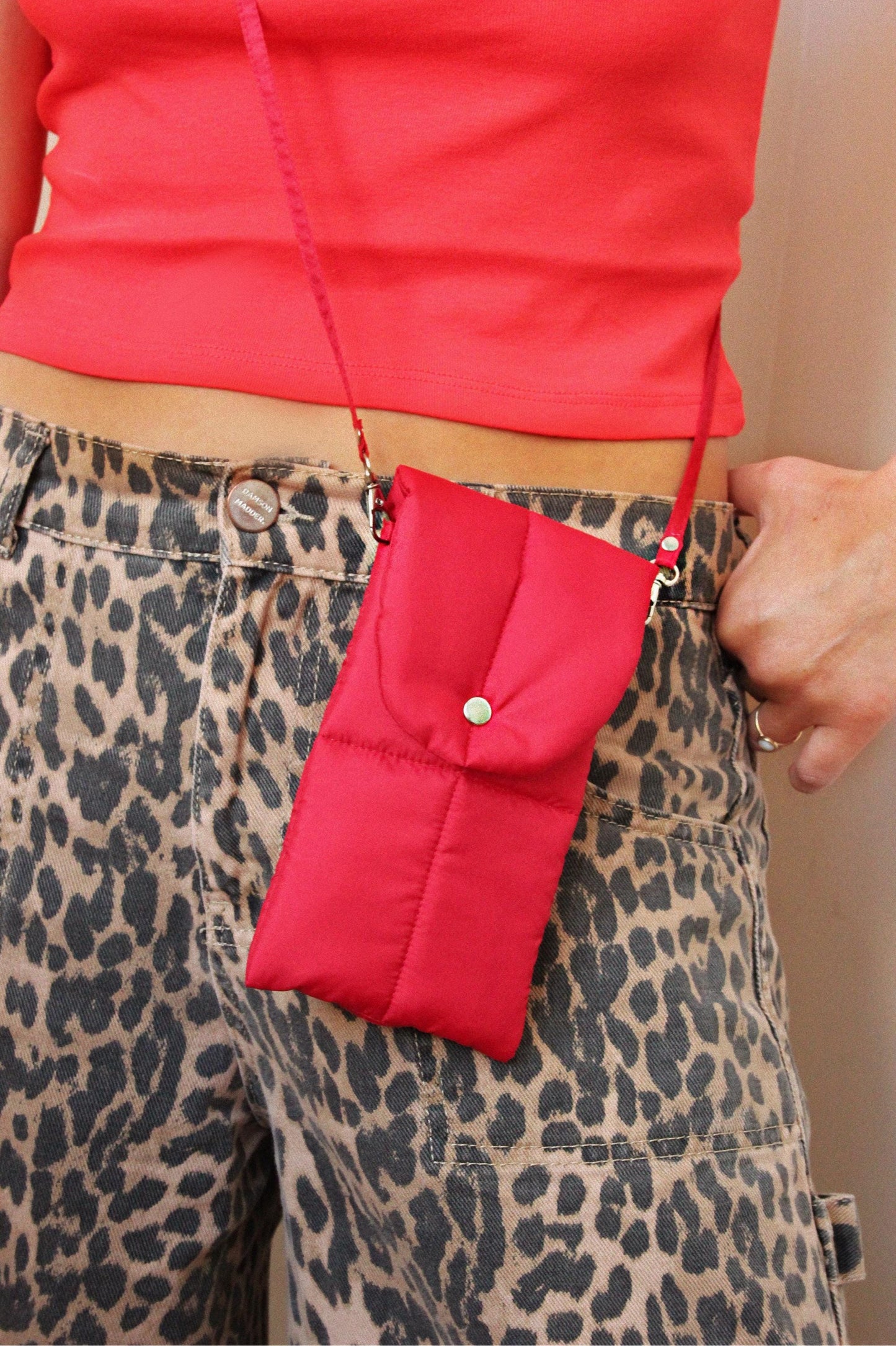 Pillow Puffer Phone pouch in Red, Puffy Crossbody Phone Bag,Waterproof Padded Case with Strap,Hands-Free Pouch,Travel Gift for Her