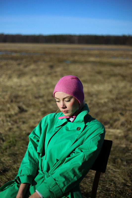 Hand-knitted Adult Bow Tie Bonnet hat in Pink