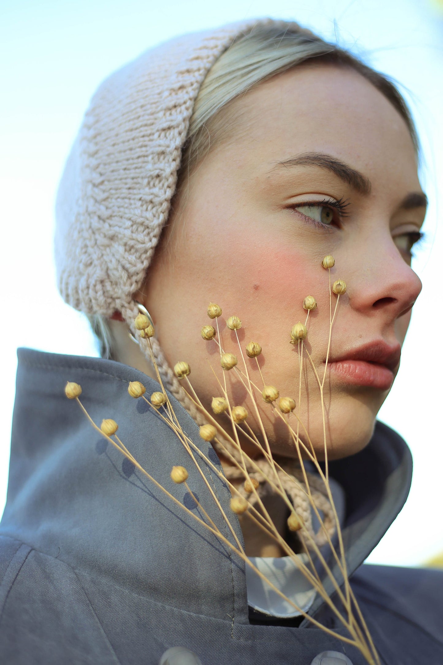 Handknitted Adult Bow Tie Bonnet in Beige