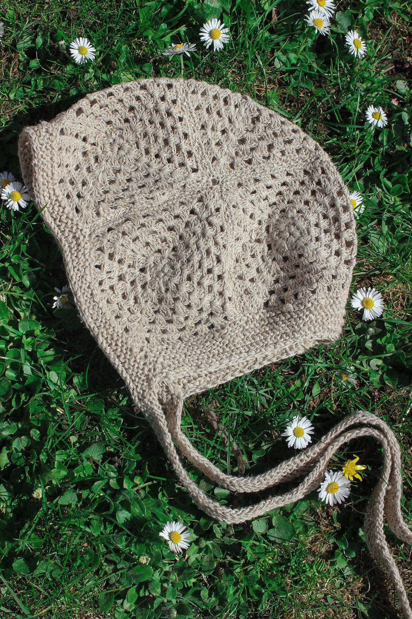 Patchwork Granny Square Adult Crochet Bow Tie Bonnet in Beige
