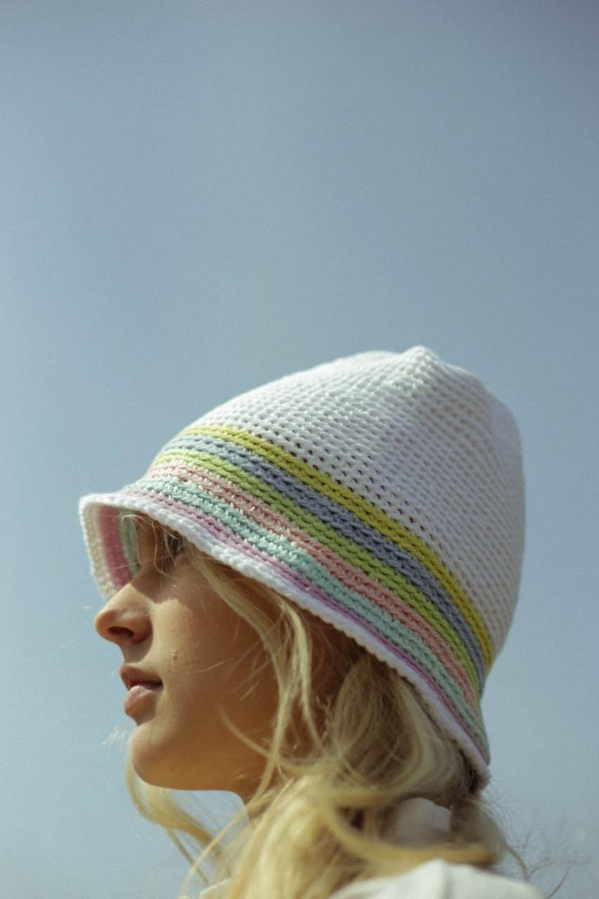 Hand-knitted crochet light multi colored bucket hat