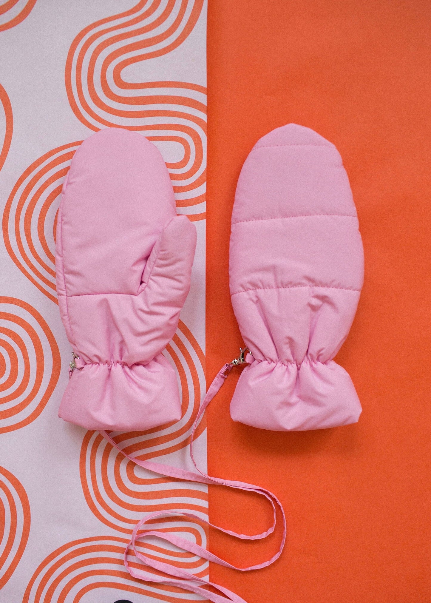 Pillow Puffer Mittens on Strings in Powder Pink