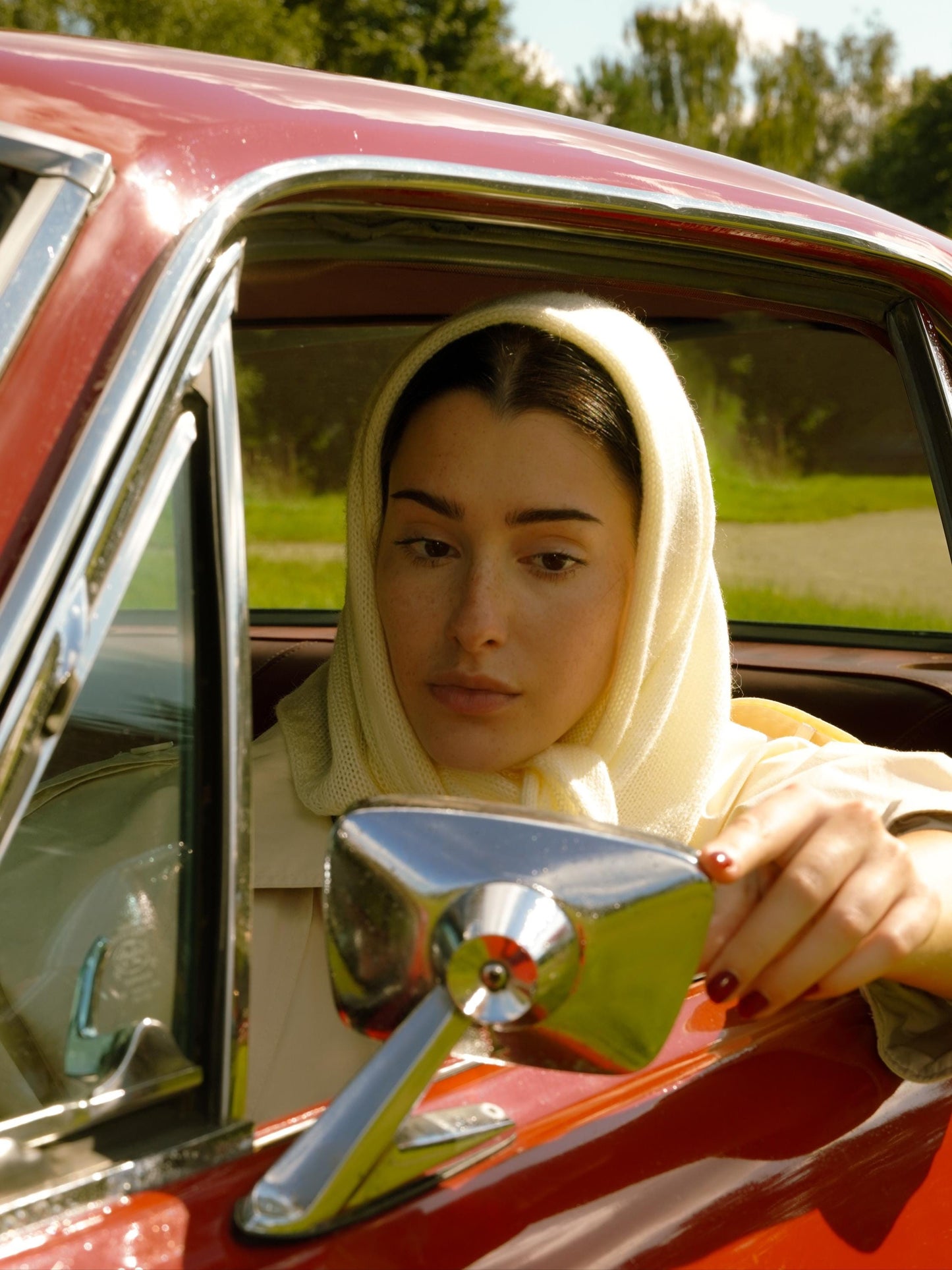 Hand - knitted Mohair Headscarf in Buttermilk Yellow