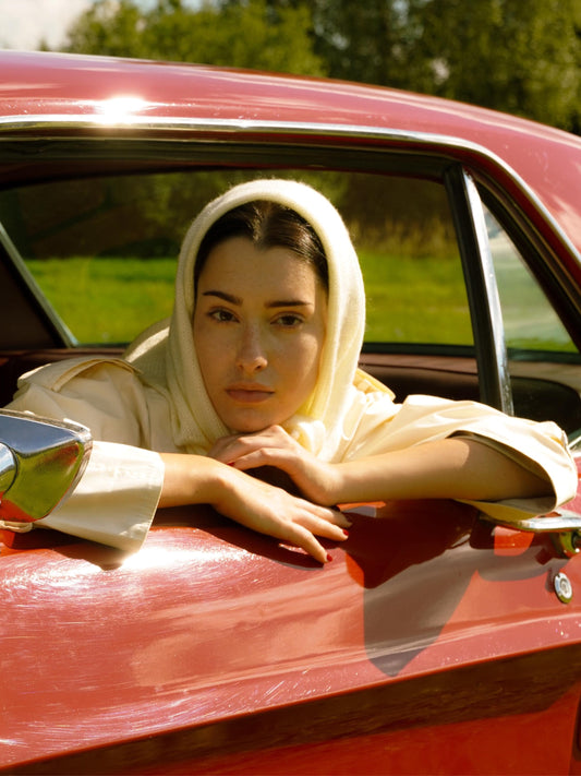 Hand - knitted Mohair Headscarf in Buttermilk Yellow