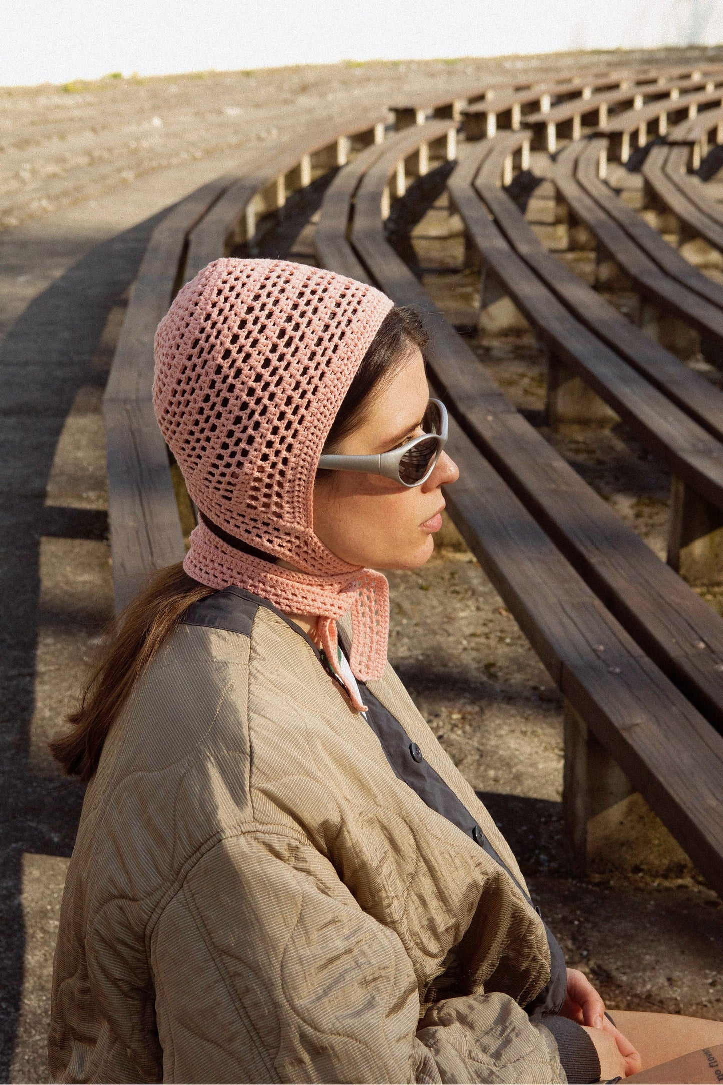 Adult Cotton Mesh Crochet Bow Tie Bonnet in Peach Fuzz