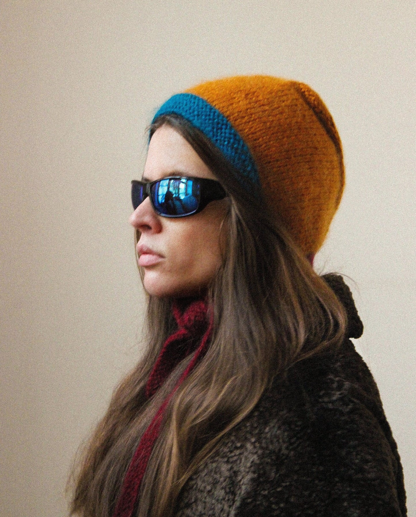Hand-knitted Adult Bow Tie Bonnet hat in dull multicolor