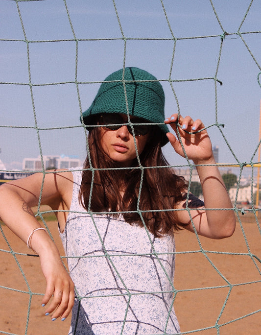 Hand-knitted chunky bucket hat in emerald blue, fisherman hat