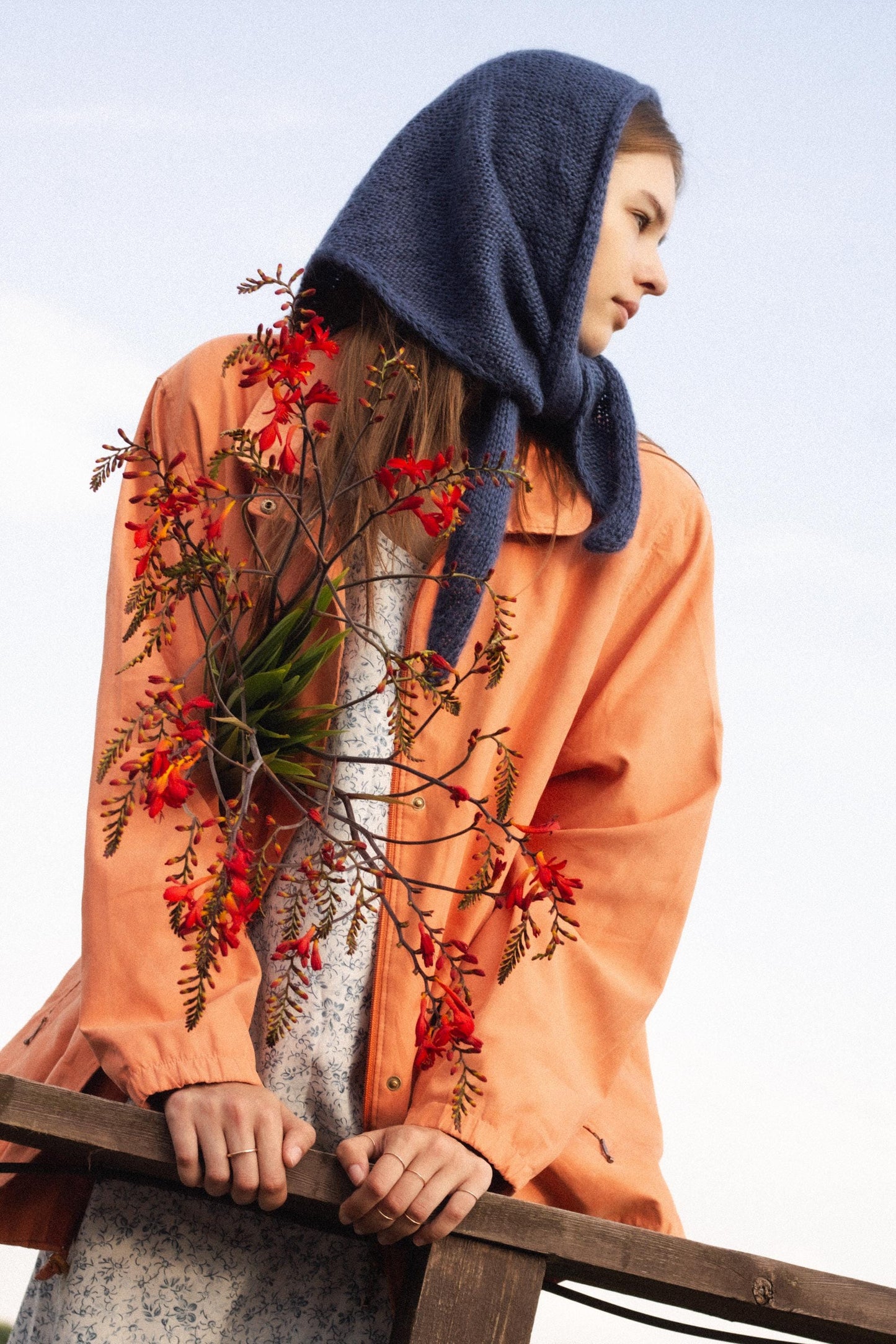 Hand - knitted Mohair Headscarf in Navy