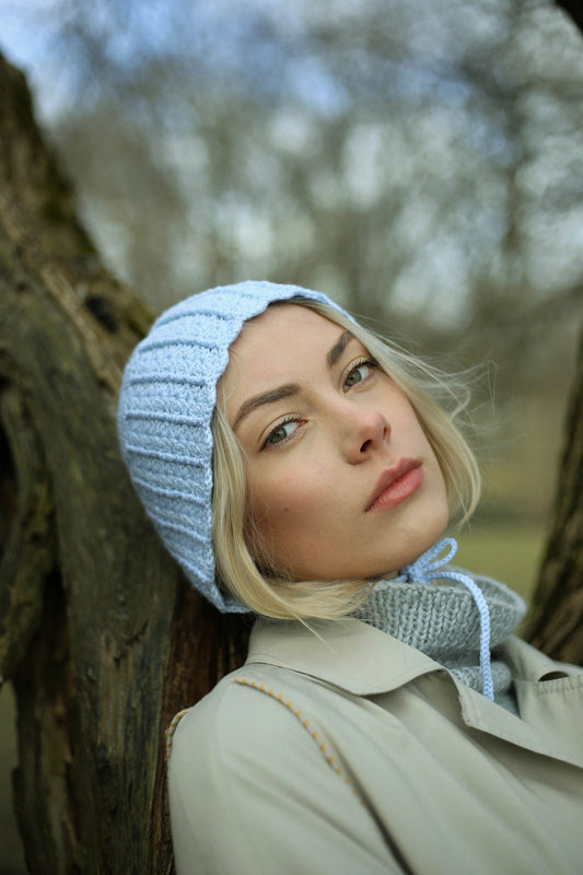 Adult Crochet Bow Tie cotton Bonnet in Light Blue