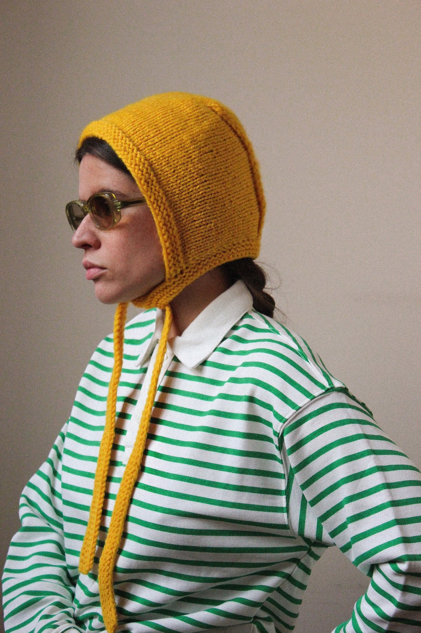 Hand-knitted Adult Bow Tie Bonnet hat in Yellow