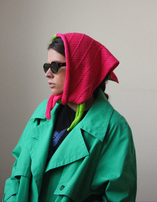 Hand - knitted Cotton Bicolour Headscarf in Poison Green & Fuscia Pink