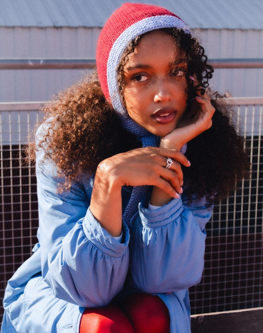 Hand-knitted Adult Bow Tie Chunky Bonnet hat in Burgundy and Light Blue
