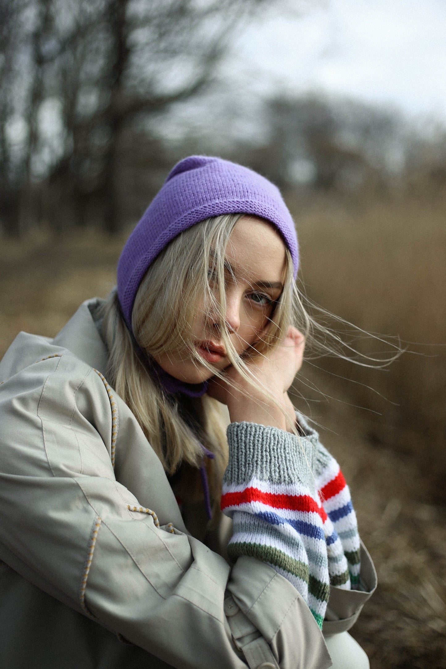 Hand-knitted Adult Bow Tie Bonnet hat in lilac