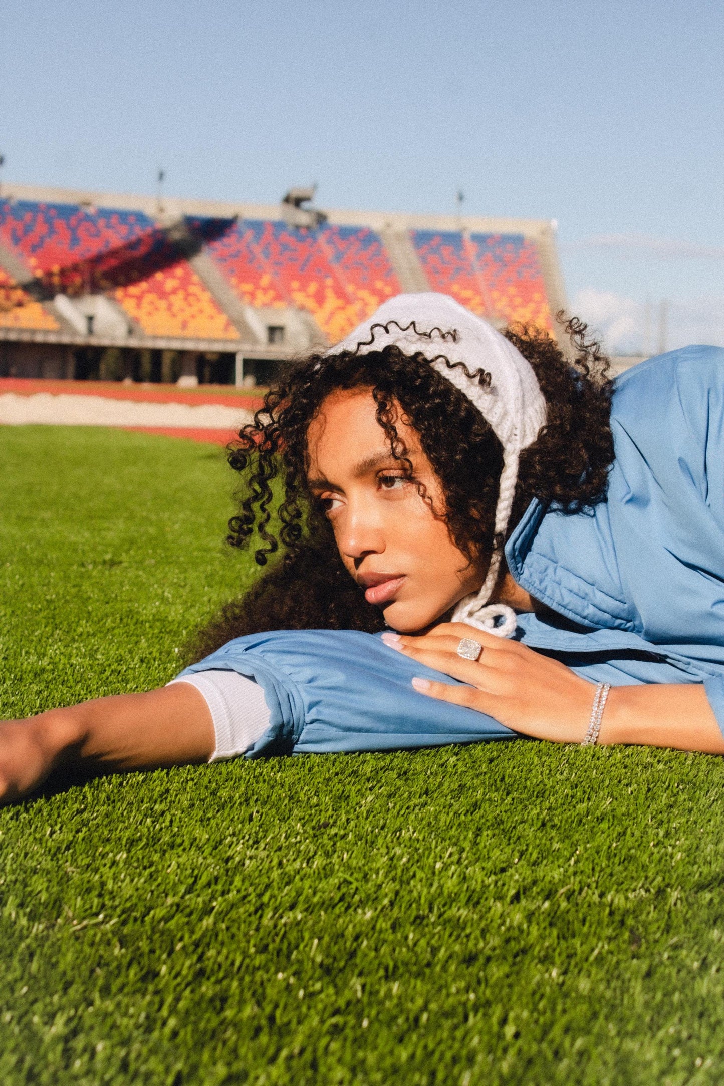 Hand - knitted Adult Bow Tie Bonnet in White