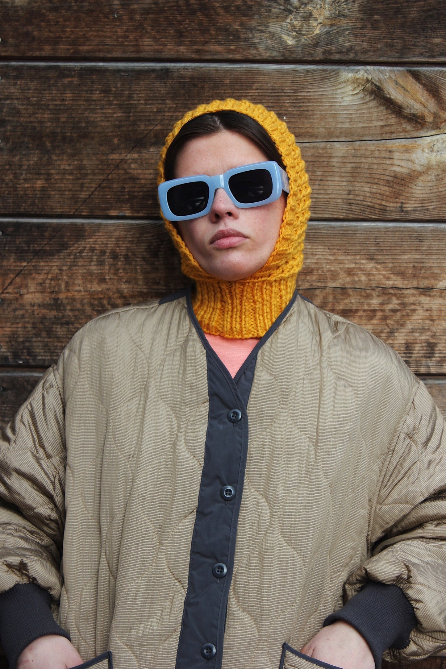 Demi - season balaclava hat in yellow yolk ,mango socky balaclava knit beanie,knit helmet,knit hat,crochet balaclava, knitted hood