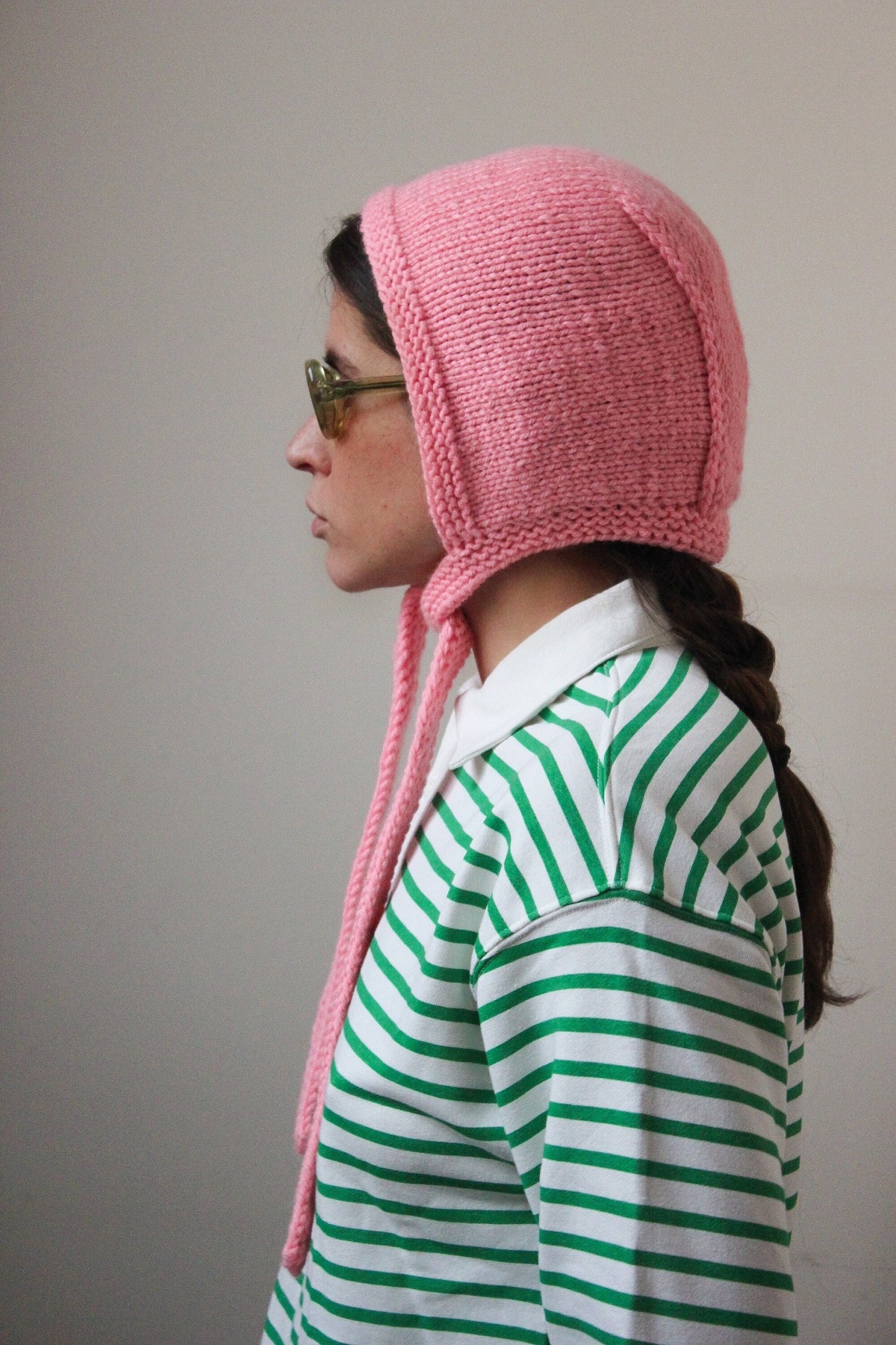 Hand-knitted Adult Bow Tie Bonnet hat in Light Pink