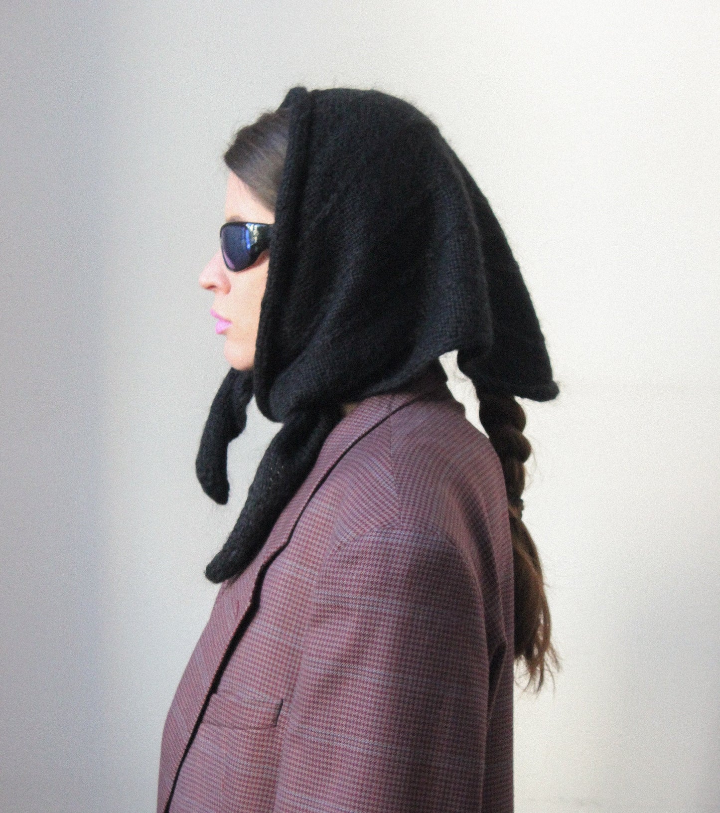 Hand - knitted Mohair Headscarf in Black