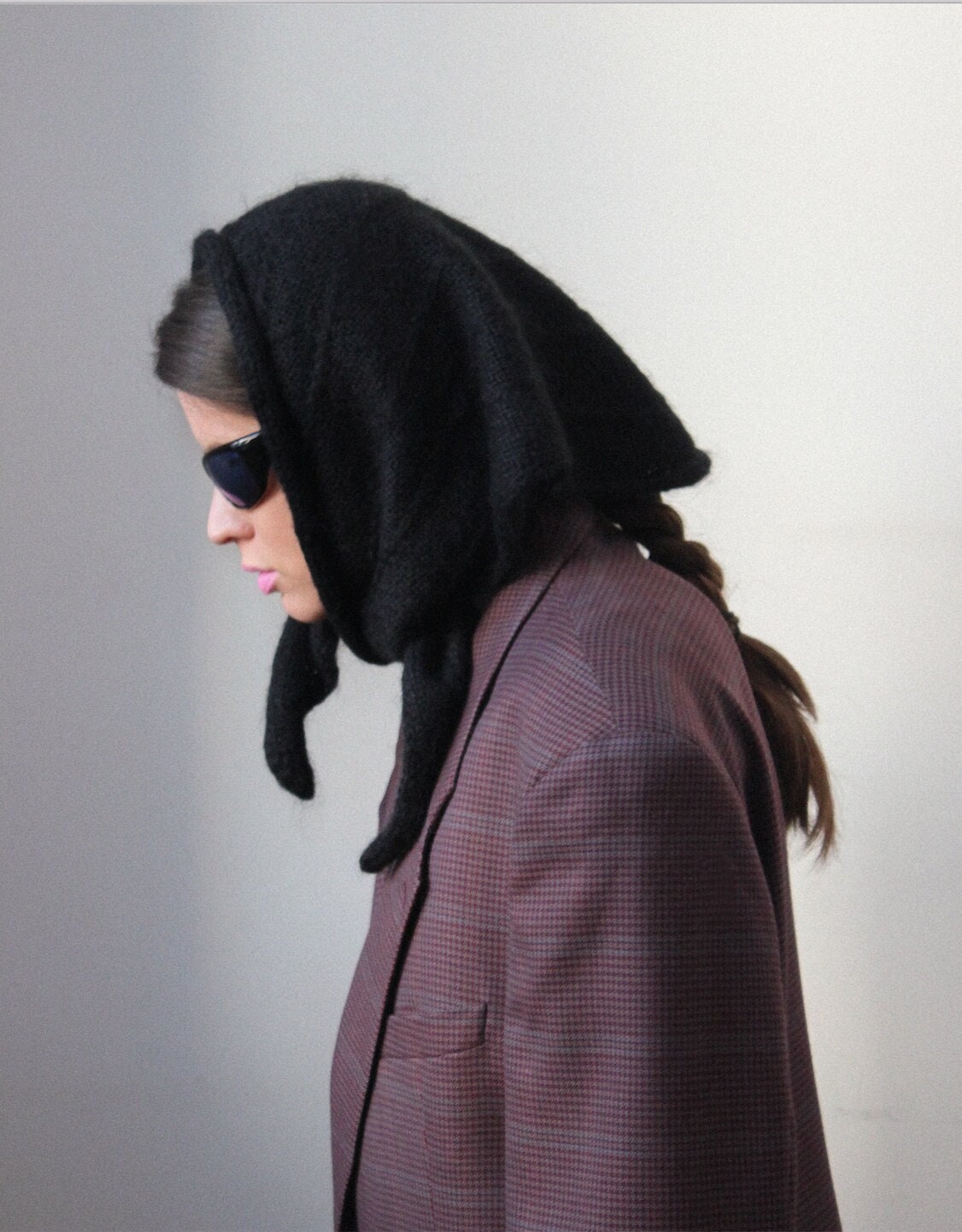 Hand - knitted Mohair Headscarf in Black