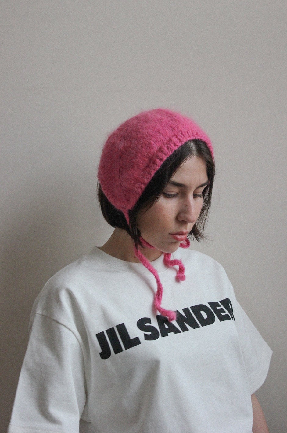 Hand - knitted Adult Bow Tie Mohair Bonnet in Pink