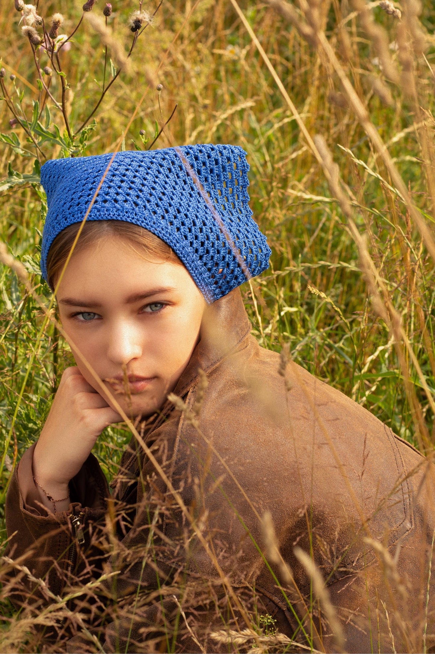 Crochet Mesh Headscarf in Blue
