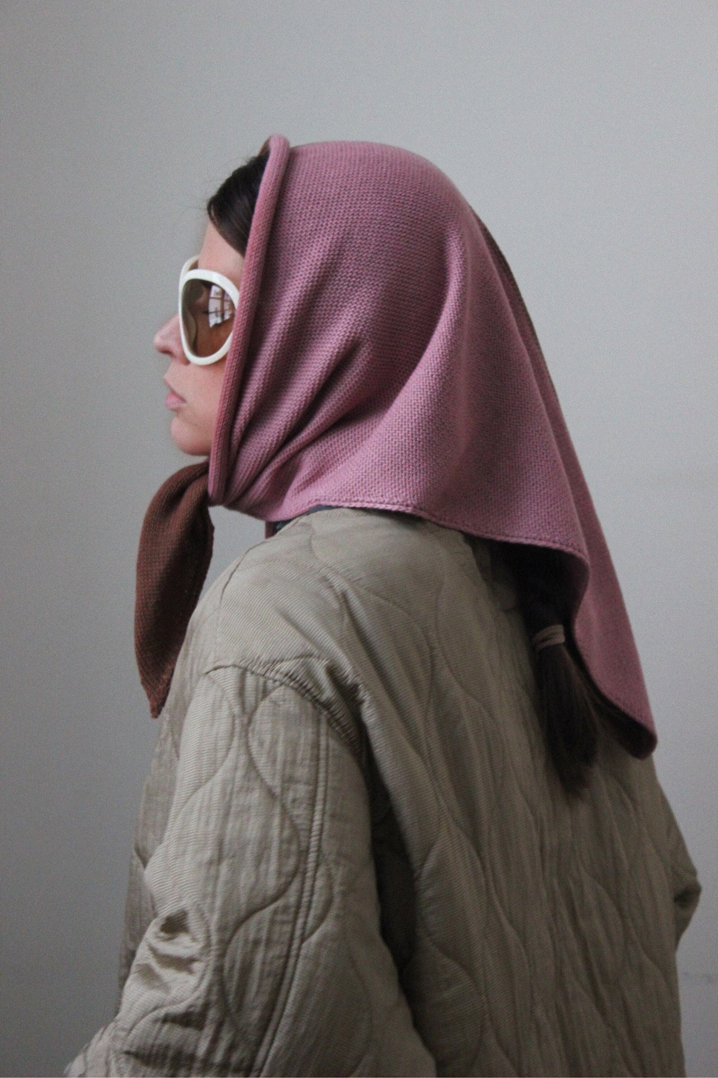 Hand - knitted Bicolour Headscarf in Powder Rose & Brown