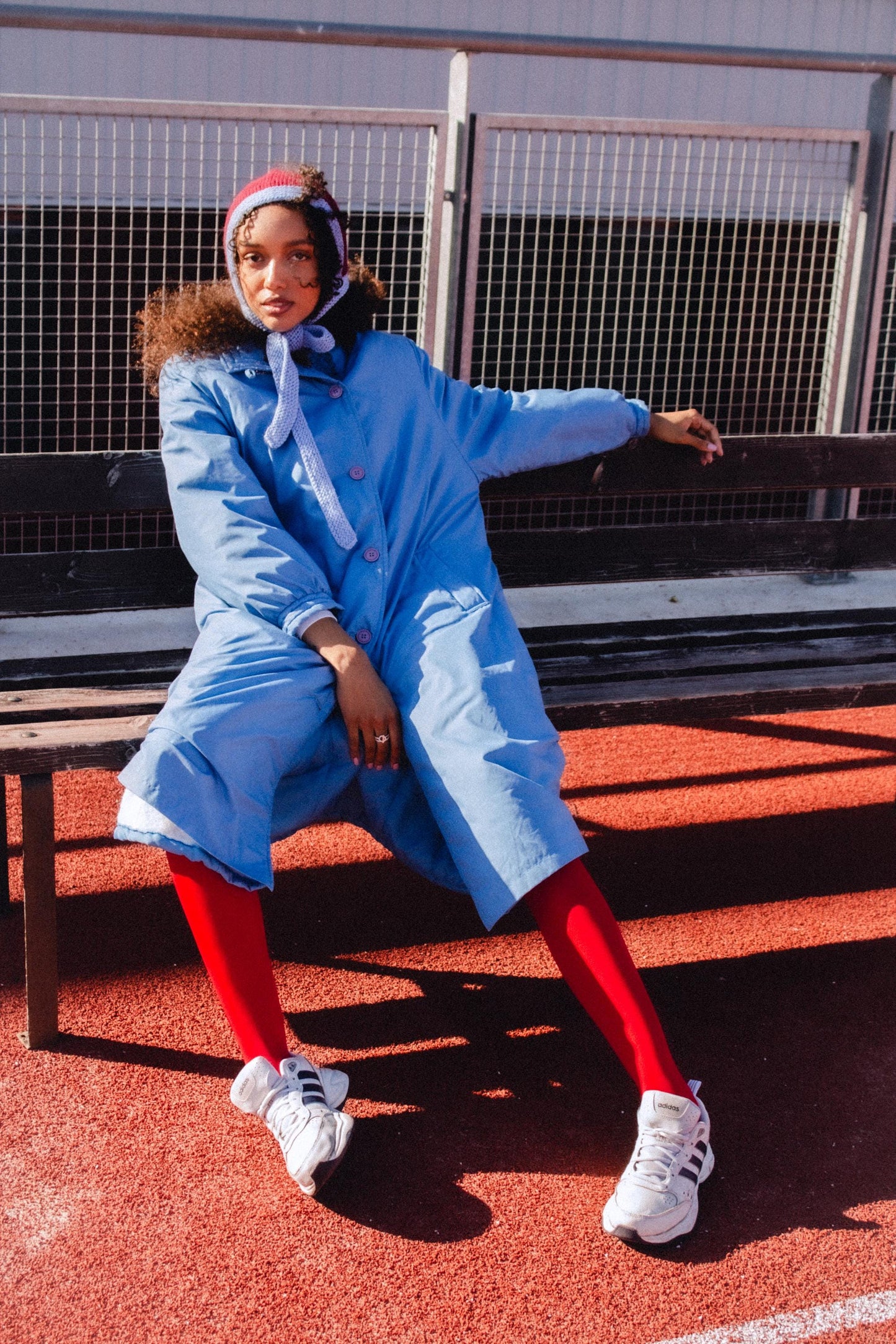 Hand-knitted Adult Bow Tie Chunky Bonnet hat in Burgundy and Light Blue