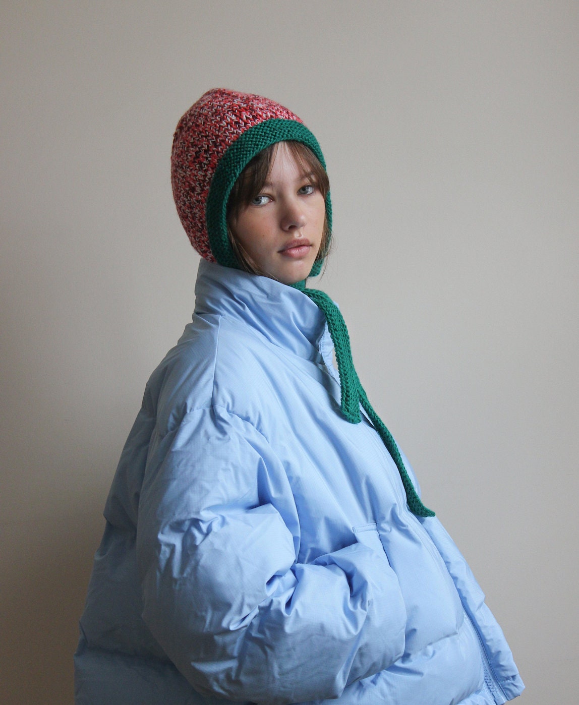 Hand - Knitted Melange Chunky Bow Tie Bonnet Hat in Pink and Emerald Green