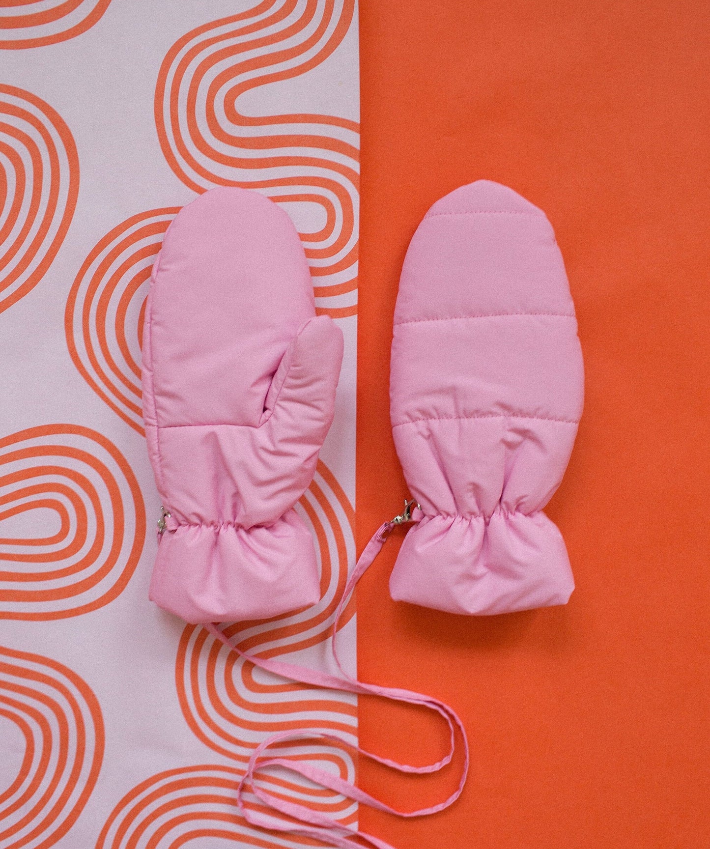 Pillow Puffer Mittens on Strings in Powder Pink