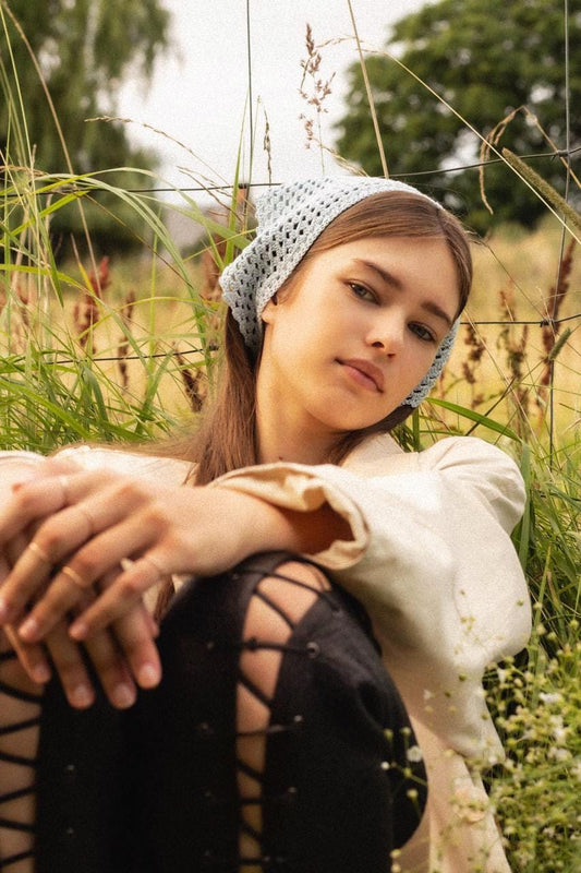 Crochet Mesh Headscarf in Light Blue