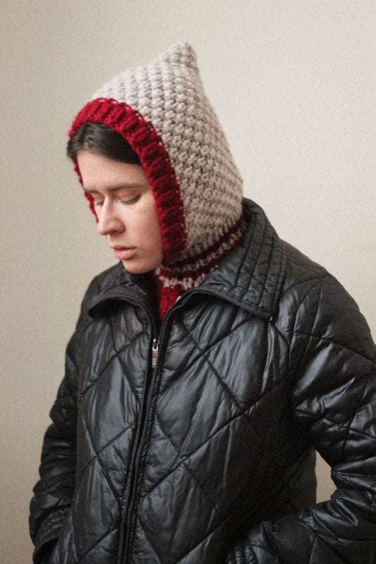 Balaclava Woolen Chunky hat in beige and maroon red; mango socky balaclava knit beanie,knit helmet,knit hat,crochet balaclava, knitted hood