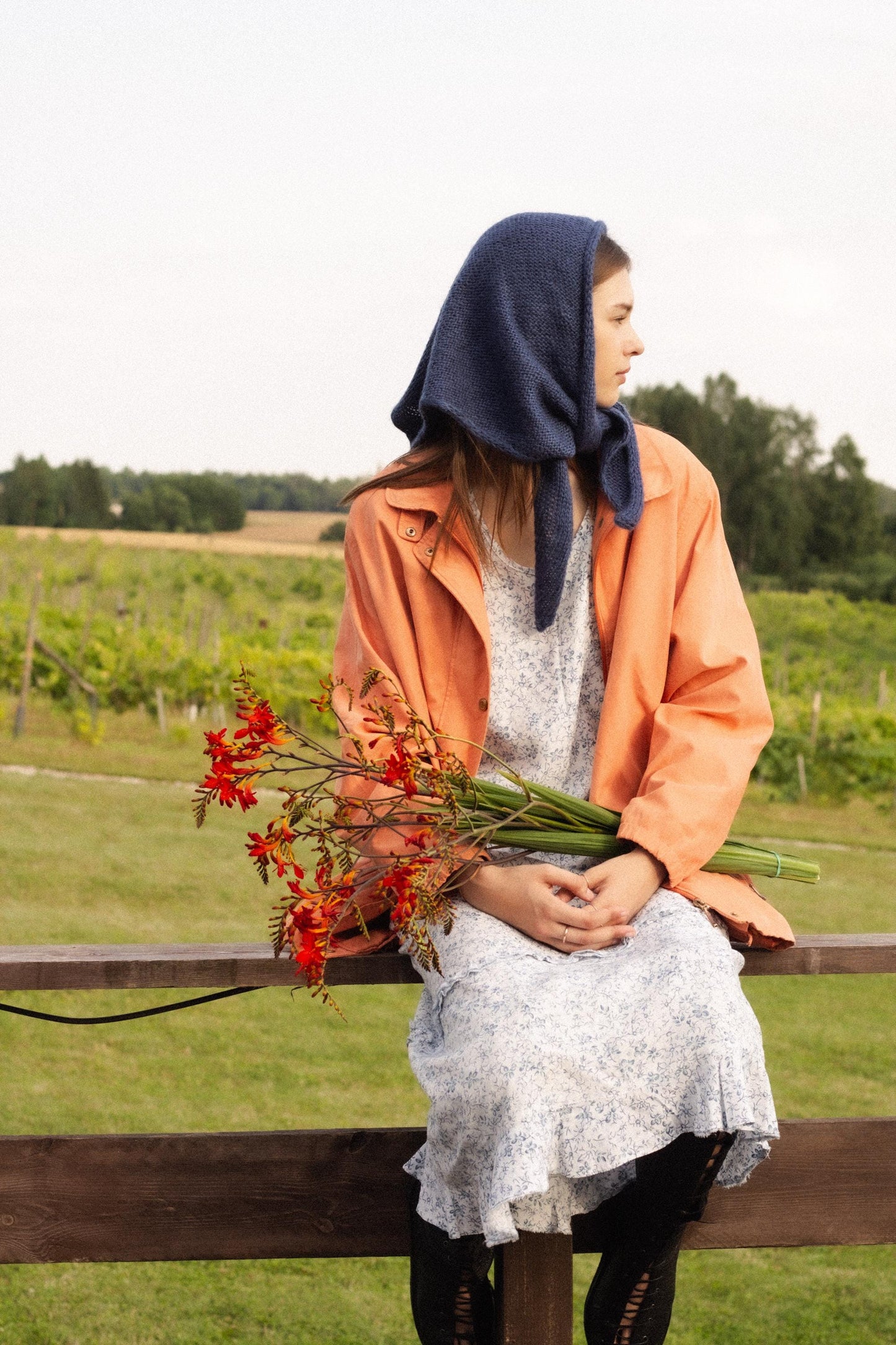 Hand - knitted Mohair Headscarf in Navy