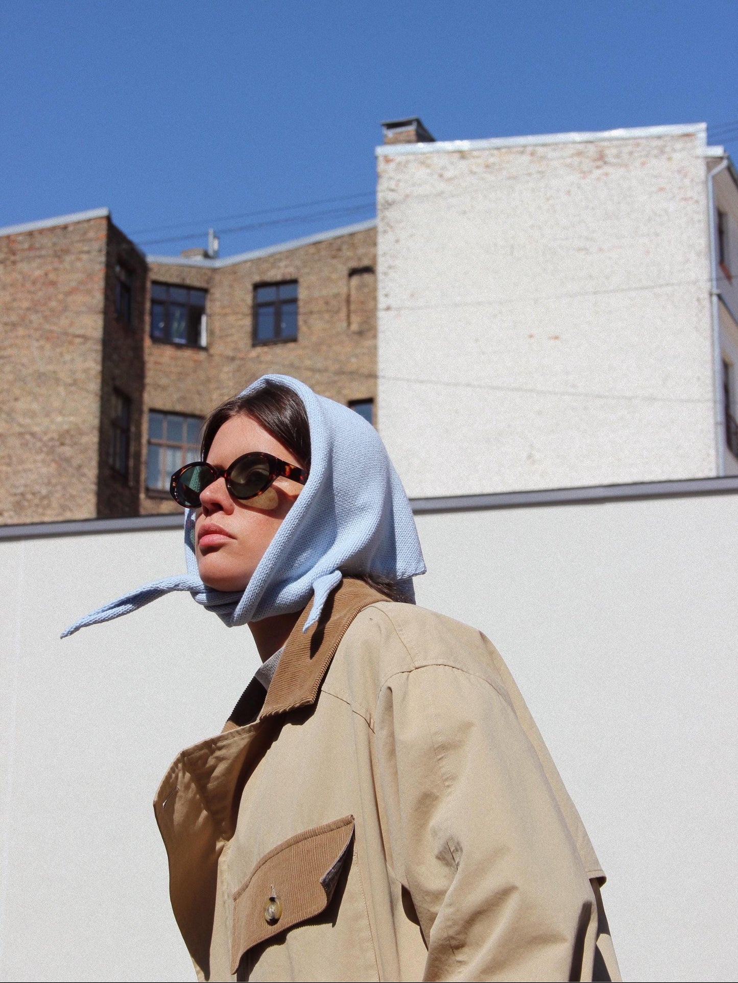 Hand - knitted Spring Headscarf in Baby Blue